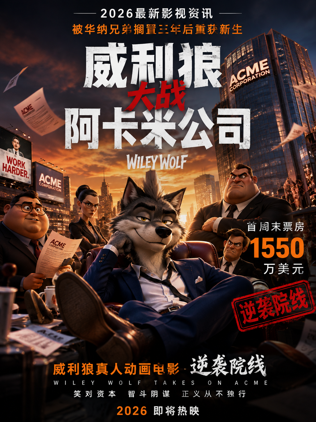 《威利狼大战阿卡米公司》2026最新影视资讯：被华纳兄弟搁置三年后重获新生，首周末票房1550万美元，威利狼真人动画电影逆袭院线
